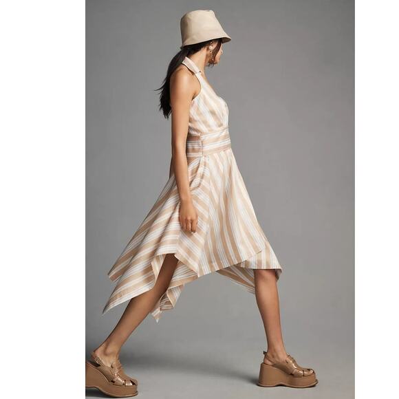 New Anthropologie Maeve Asymmetrical Wrap Shirt Dress $180 SIZE 14 Neutral Motif - Picture 9 of 10